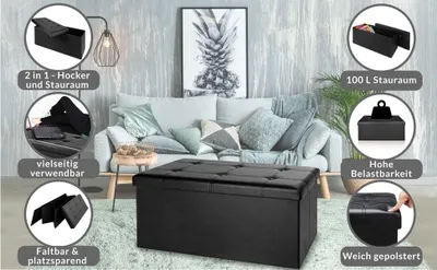 Produktbild von Aufbewahrungsbank, klappbar, MDF, 80 x 40 x 40 cm, abnehmbarer Sitz, schwarz