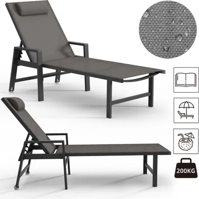Produktbild von Mucola Sonnenliege Aluminium Gartenliege 200KG & Rollen wetterfest Relaxliege Anthrazit Teslin Camping Klappliege