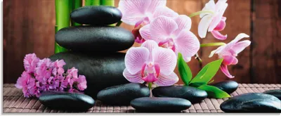 Produktbild von ARTland Glasbild Spa Konzept Zen Steinen Orchideen Größe: 125x50 cm