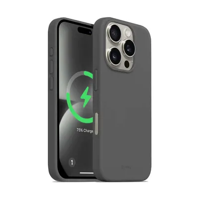 A dark gray silicone case for an iPhone Pro is shown, with the phone displaying a charging indicator.