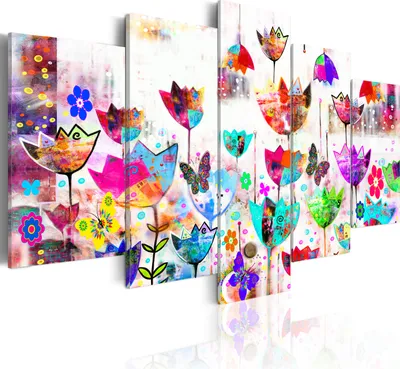 Produktbild von Leinwandbilder Abstrakt 200x100 cm Vlies Leinwandbild 5 tlg Kunstdruck modern Wandbilder XXL Wanddekoration Design Wand Bild - Blumen Tulpen bunt wie gemalt 020101-171