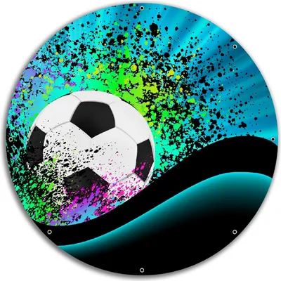 Produktbild von Wallario rundes Outdoor-Poster für Garten oder Balkon, Motiv Fußball - Design Wellen und Regenbogen in blau, 60 cm Durchmesser
