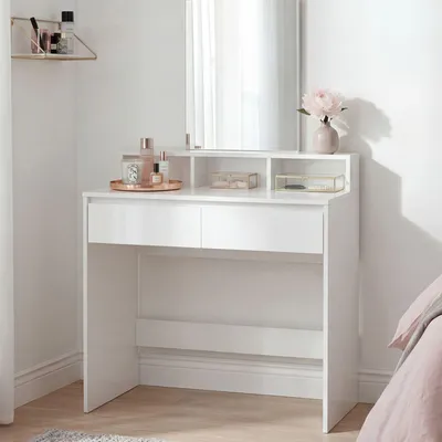 Obrázek produktu pro FineBuy, toaletní stolek, 80 cm, bílý, moderní, s zrcadlem a policí, bílá komoda s zásuvkami, velký toaletní stolek