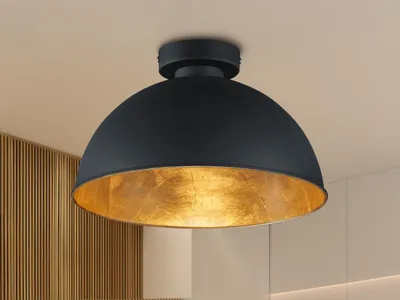A black dome-shaped ceiling light with a gold interior, mounted on a white ceiling.
