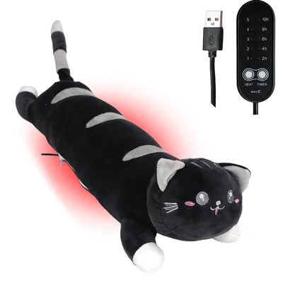 Produktbild von Beheizbares Kuschelkissen Katze, USB Heizkissen 35–55°C, 5 Heizstufen, Timer 2–10 Std., Überhitzungsschutz, 5 V/2 A, 50 cm