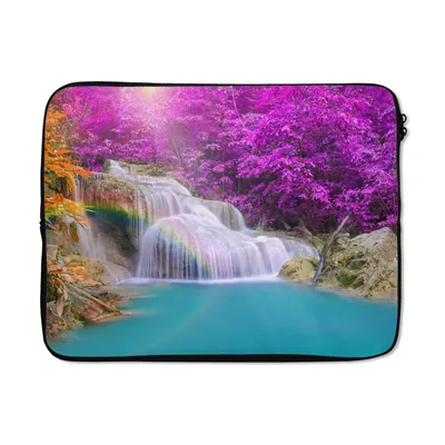 Produktbild von MuchoWow® Laptop Hülle 17 Zoll Laptoptasche Wasserfall - Bäume - Regenbogen - Lila - Zipper - Schutzabdeckung