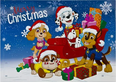 Paw Patrol characters in Christmas attire with gifts and a sleigh.