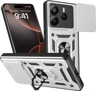 A product shot of a phone case with a phone inside, shown from multiple angles.