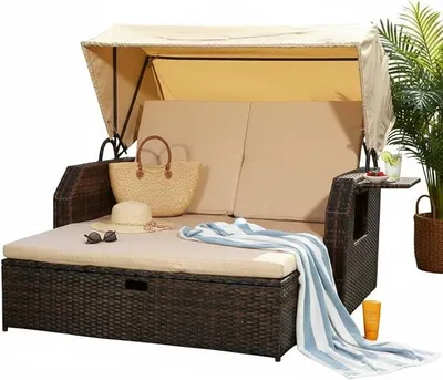 Obrázek produktu pro Sluneční křeslo/pohovka/lounge z polyratanu, hnědé barvy, včetně skládacího bočního stolku, nastavitelné opěrky zad a skládací sluneční stříšky