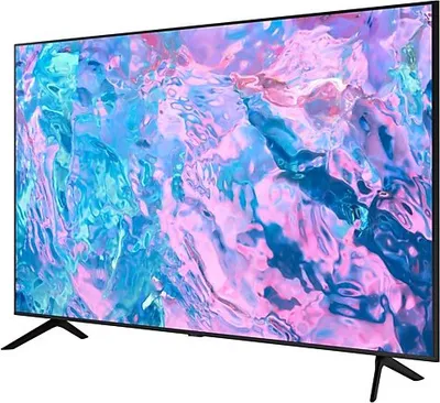 A side view of a black smart TV on a white background.