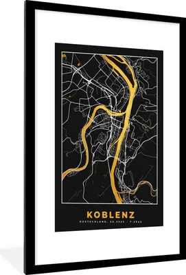 Produktbild von MuchoWow® Gerahmtes Poster Stadtplan - Deutschland - Gold - Koblenz - Karte 60x90 cm - Poster mit Schwarzem Bilderrahmen Wandposter Rahmen Foto Bilder - Dekoration - Wandposter Wohnzimmer - Hochwertig