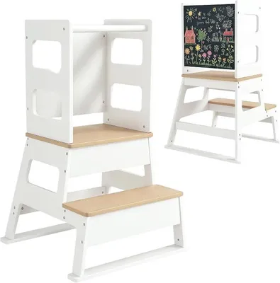 Imagen del producto de Torre para bebés 2 en 1, con taburete y pizarra blanca