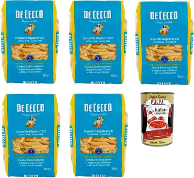 Produktbild von De Cecco Pennette Rigate N°241 100% Italienisch Pasta Nudeln 5x 500g + Italian Gourmet Polpa 400g
