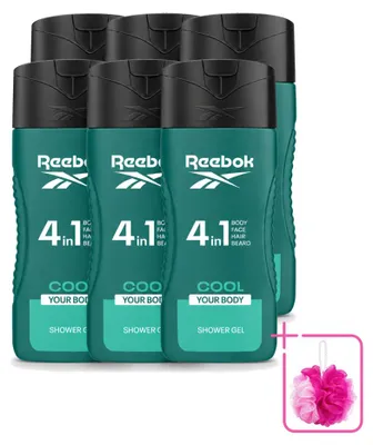 Immagine prodotto di 6 flaconi di gel doccia Reebok Cool Your Body 4-in-1, capacità 400 ml ciascuno, confezione risparmio, 6 pezzi