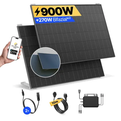 Produktbild von Balkonkraftwerk 900W Solaranlage mit Wand/Gartenhaus Halterung Steckerfertig Komplettset Photovoltaik Anlage 800W, Kabellänge: 10m, Solakon - onLite