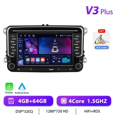 Immagine prodotto di Autoradio Android per Volkswagen - CarPlay 2-DIN - Touchscreen da 17,8 cm - Memoria 4 GB + 64 GB - Android 13 - USB Type-C, RDS, comandi al volante