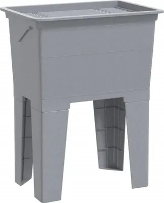 A grey plastic laundry hamper with a lid, standing on four legs.