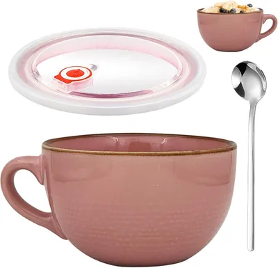 Produktbild von Große Tasse Keramik,700ml Müslischalen(hellpink)Kaffeebecher mit Henkel,Salat Schale,Teetasse Mit Deckel und Löffel,Porzellan Tasse für Geschenk