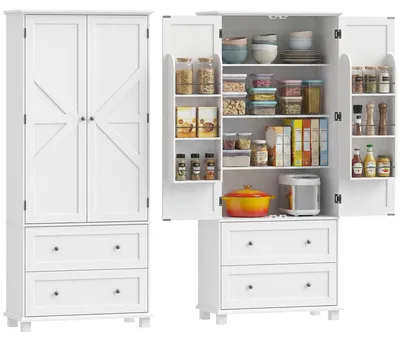 Produktbild von Hohes Kš¹chen-Sideboard, Kš¹chenschrank mit 2 Tš¹ren, 2 Schubladen, 6 Einlegeb?den, verstellbare Einlegeb?den, 80 x 39,5 x 184,5 cm, wei?