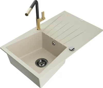 Immagine prodotto di Mexen Cesar lavello in granito a 1 vasca con scolapiatti e rubinetto da cucina Flora, beige - 6514-69-670401-57-B