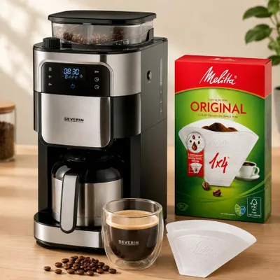 Obrázok produktu pre Súprava na prípravu kávy od zŕn po šálku (2-dielna) – termoska na kávu s mlynčekom a nebělenými filtrami