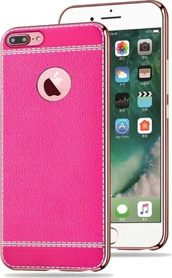 A pink leather-look iPhone case is shown next to an iPhone.