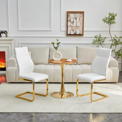 Productafbeelding van Tafel- en stoelset, ronde tafel 60 cm, MDF, houtnerf, 2 stoelen met ruitpatroon, metalen frame (wit+goud, hout)