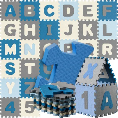 Image de SPIELWERK Tapis Puzzle d'éveil et de jeu Bleu - Dalles en mousse XXL pour bébé ou enfant bas âge - Anti-dérapantes, avec Alphabet et chiffres, 86 pièces, 36 dalles de 30x30cm