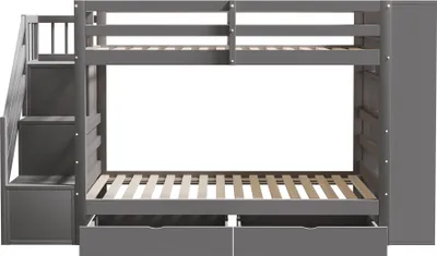 Produktbild von Etagenbett 90x200cm(Ohne Matratze)Kinderbett Holzbett Mit Streppe Mit Staufächern Stauraumschubladen und Schließfächern hohe Zaunkonstruktion Grau