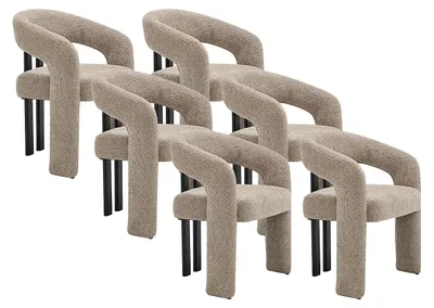 Produktbild von Set aus 6 Stühlen mit Armlehnen aus Bouclé-Stoff und schwarzem Kautschukholz - Taupe - NORETI