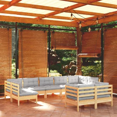 Produktbild von ZMH 9-tlg. Garten-Lounge-Set mit Grauen Kissen Kiefer Massivholz