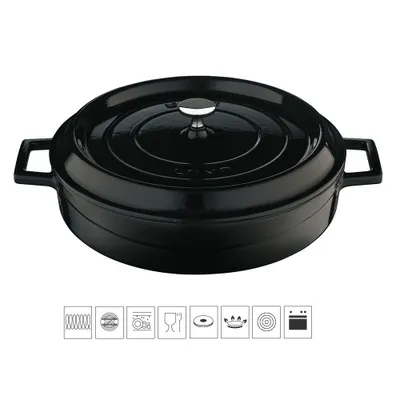 A black oval cast iron pot with a lid and handles, shown from a slightly elevated front-facing angle. Below the pot are several small icons representing different cooking methods and features.