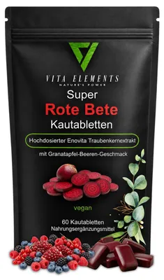 Produktbild von Vita Elements Rote Bete Kautabletten 60 Stk OPC Nitrat Ausdauer Nahrungsergänzungsmittel, KI-generiertes Bild