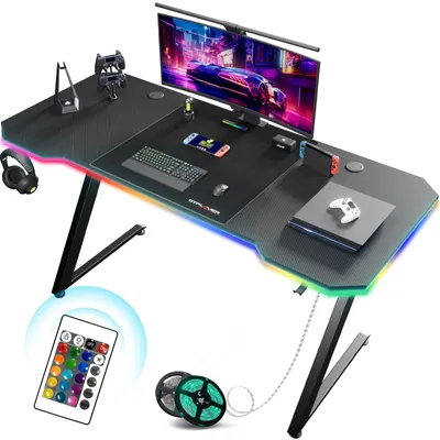 Image de Table d'ordinateur - Bureau informatique - Meuble pour ordinateur - Table pour ordinateur portable - Table de jeu - avec éclairage LED