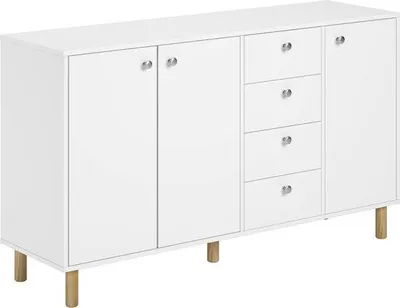 Imagen del producto de Cómoda Famanu con 4 cajones y 3 puertas, color blanco con patas de madera de roble