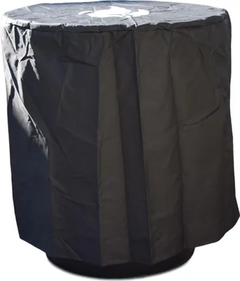 A black cover for a round table or fire pit.