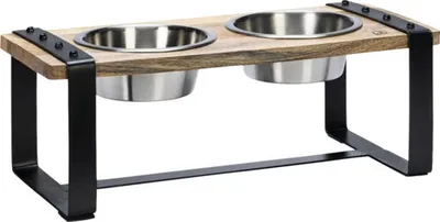 Image de Designed by Lotte Set de cuisine Karinto Gamelle pour chien en bois/métal avec 2 écuelles, taille : 48 x 22 x 18 cm