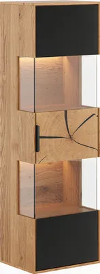 Produktbild von Wohnzimmer Hängevitrine mit 43 cm Breite aus Eiche massiv geölt mit Hirnholz-Front, schwarzem Glas und LED-Beleuchtung - TIVAT-163