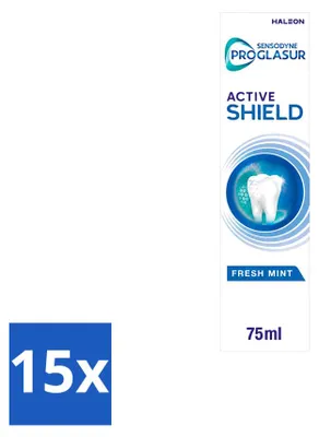 Imagen del producto de 15 tubos de pasta dental Sensodyne ProGlasur Active Shield, sabor a menta fresca, 75 ml. Paquete económico con 15 unidades