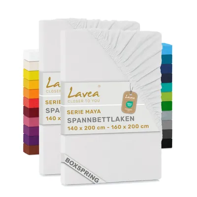 Produktbild von Lavea® 2er Pack Spannbettlaken 140/160x200 cm, Jersey Bettlaken 100% Baumwolle – Boxspringbetten, Wasserbetten, Matratzen bis 35 cm – Weiß