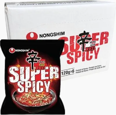 A package of Nongshim Shin Ramyeon Red Super Spicy instant noodles is shown with a single serving packet in the foreground.