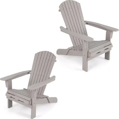 Two gray Adirondack chairs are shown against a white background.