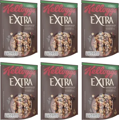 Produktbild von 6x Kellogg's Extra Cioccolato e Nocciole Knusprige Haferflocken mit Schokolade und Haselnüssen 100% Vollkorn 375g-Packung