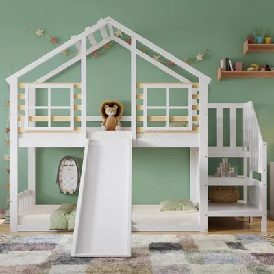 Produktbild von Merax Etagenbett 90x200 cm mit Treppe und Gitter, Kinderbett mit Rutsche aus Massivholz, Holzbett mit Blockhaus Design und Fenster, , Weiß