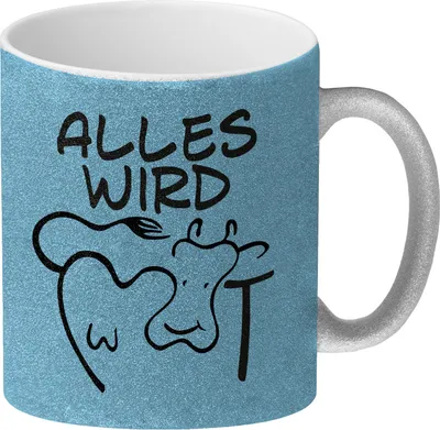 Produktbild von Alles wir KUHt Glitzer-Kaffeebecher in blau zum Thema Bauernhof mit Kuh Motiv