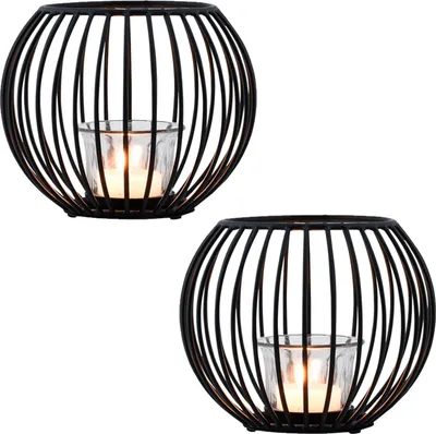 Immagine prodotto di Marrakesh set di 2 lanterne decorative scandinave in metallo e vetro 15cm piccole nere | Lanterna porta tea light Spectro come decorazione da giardino e da tavolo del soggiorno | Squisiti portacandele per tea light