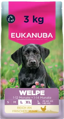 Imagen del producto de Alimento para cachorros de razas grandes EUKANUBA Puppy, enriquecido con pollo fresco, 3 kg