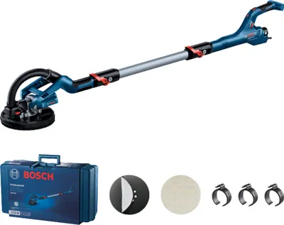 A Bosch Giraffe long-reach sander and its accessories are displayed against a white background.