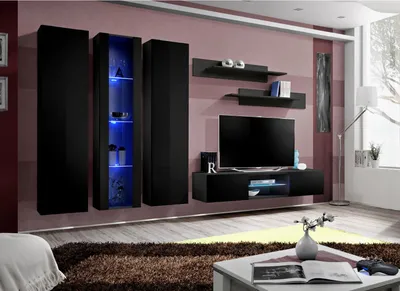 Image de Ensemble mural pour salon 6 pièces Meuble TV Armoire Étagère murale Vitrine suspendue moderne