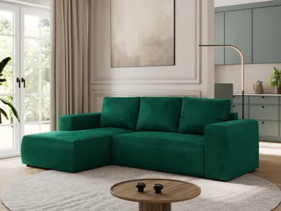 Produktbild von MKS MEBLE Sofa mit Schlaffunktion - Ecksofa mit Schlaffunktion und Bettkasten - Sofa 3 Sitzer - Schlafsofa - Couch - Schlafsofa mit Bettkasten - Trentino L - Dunkelgrün Velvet - Links